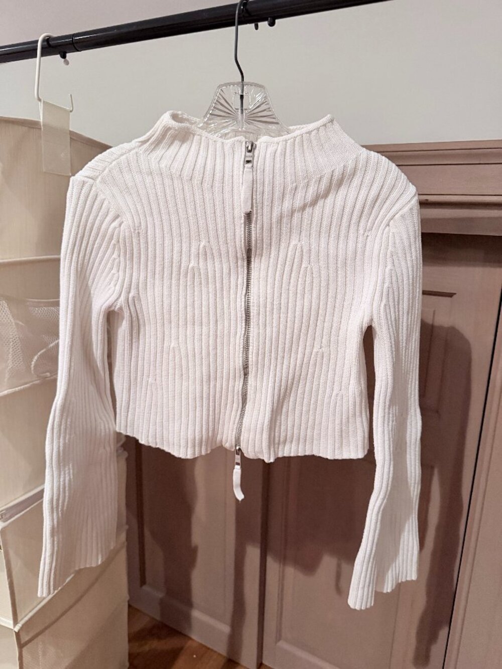 525 America Bleach White Ribbed Zip Up Cardigan Cropped